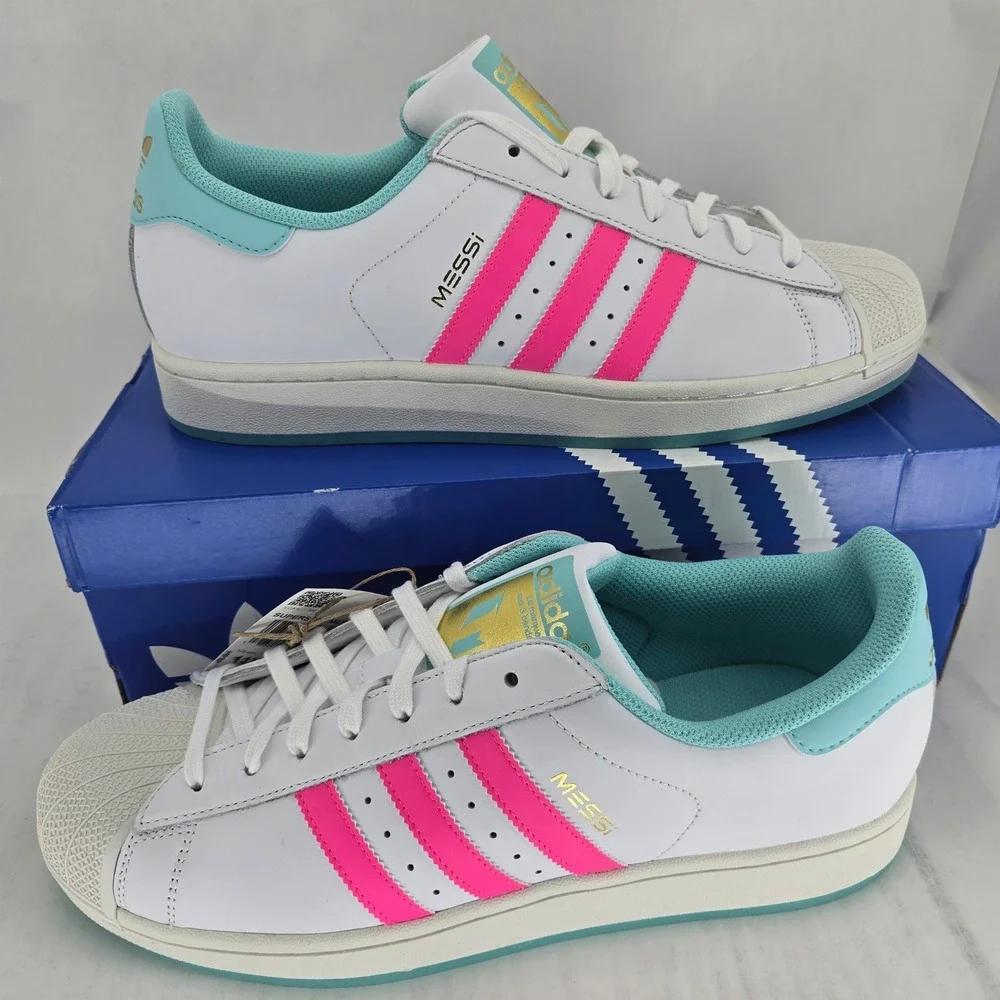 Adidas Superstar Messi JR1979 White Pink Aqua Blue Shell Toe Shoes Mens 11.5